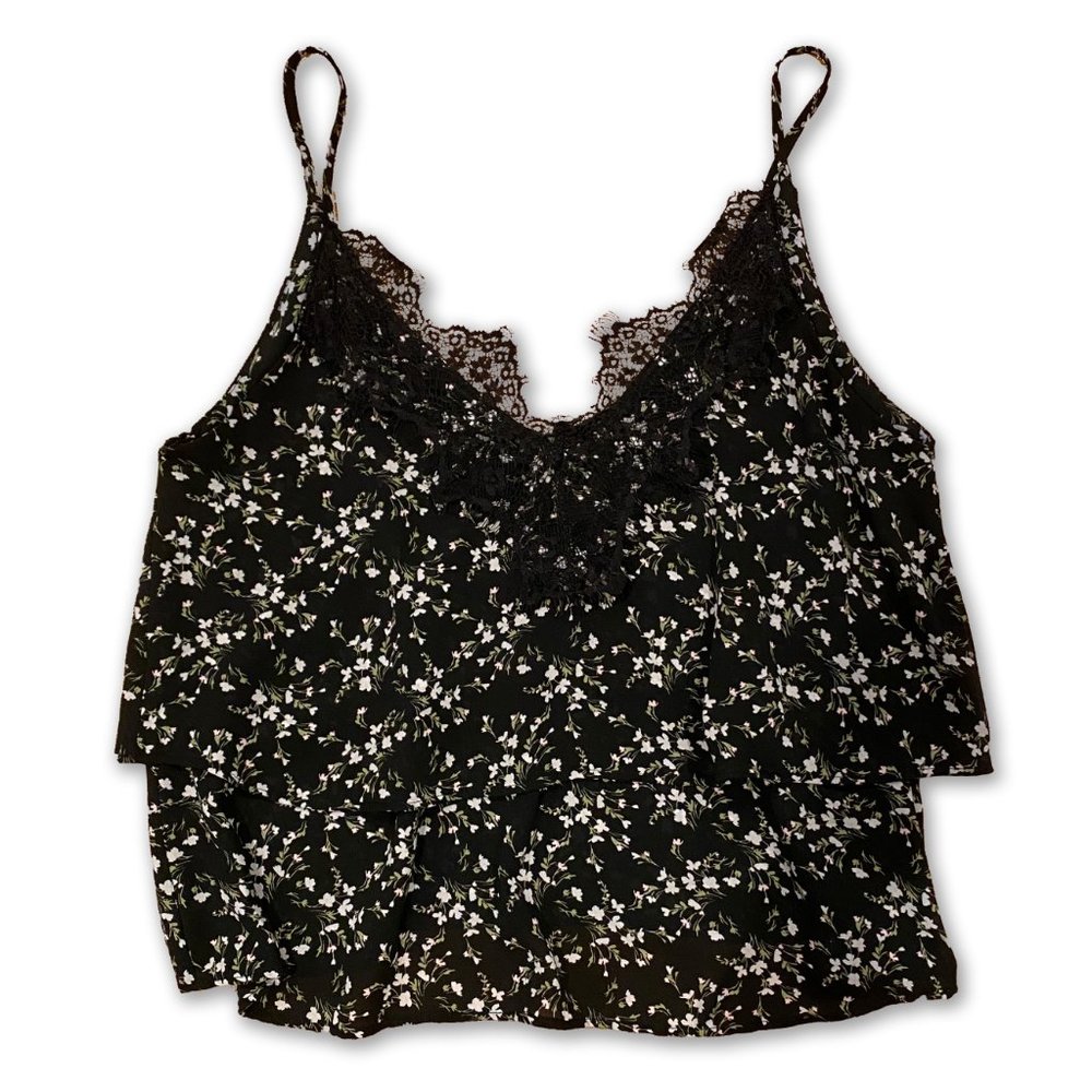 Zara Black Floral Tiered Tank with Lace Trim Sz S